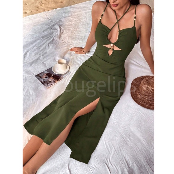 Army Green Dress Strappy Bead Detail Criss Cross Cut Out Detail Cami Tie Neck - Picture 1 of 7
